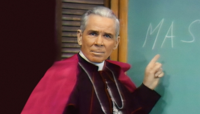 Imagem do Venerável Fulton Sheen em seu programa "A vida vale a pena". Lumine TV