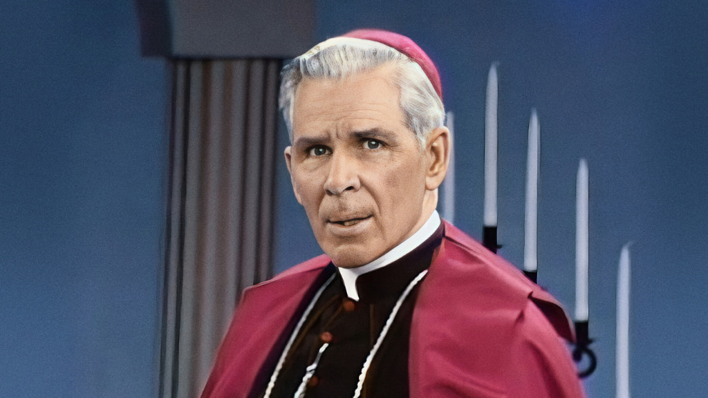 Retrato do venerável Fulton Sheen em seu programa "A vida vale a pena"