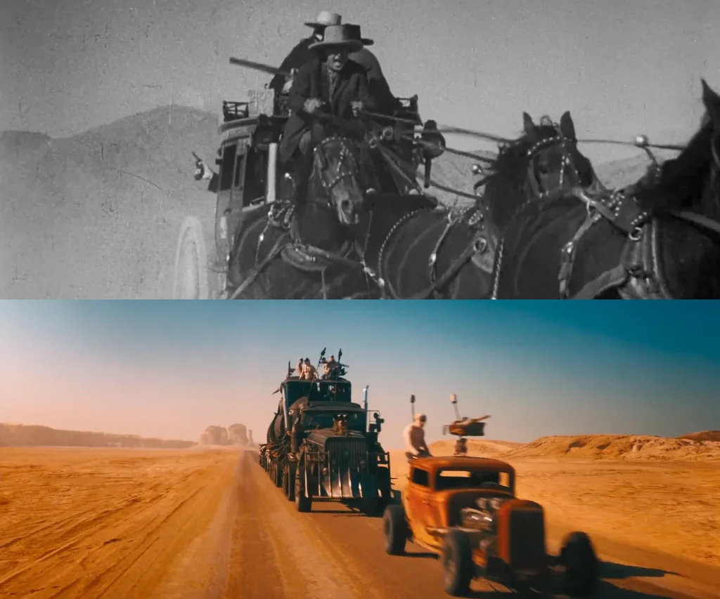 Cenas dos filmes "No tempo das diligências", de John Ford e "Mad Max: Estrada da fúria", de George Miller